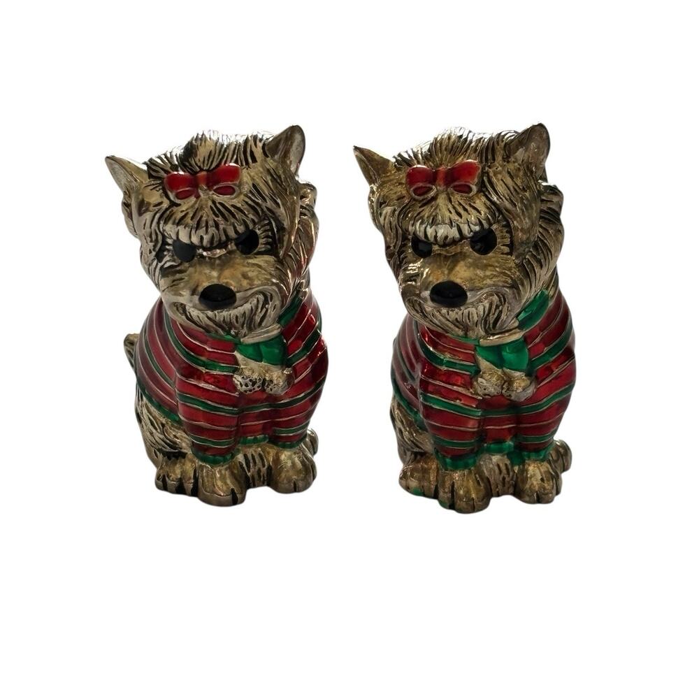 Yorkie Dogs Silver Metal Salt Pepper Shakers Green Red Enamel Sweaters Yorkshire